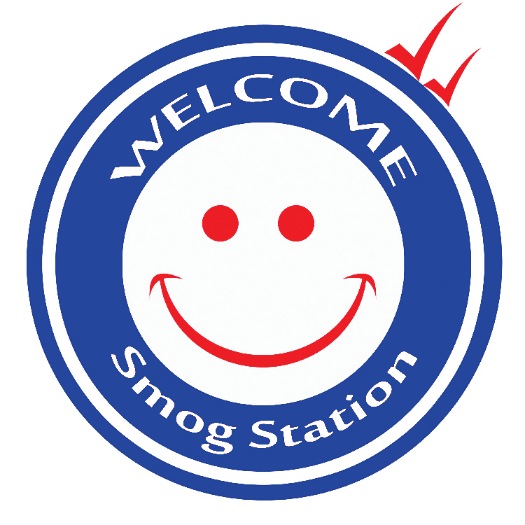 Blue circular "Welcome Smog Station" logo with red smiley face and checkmark.