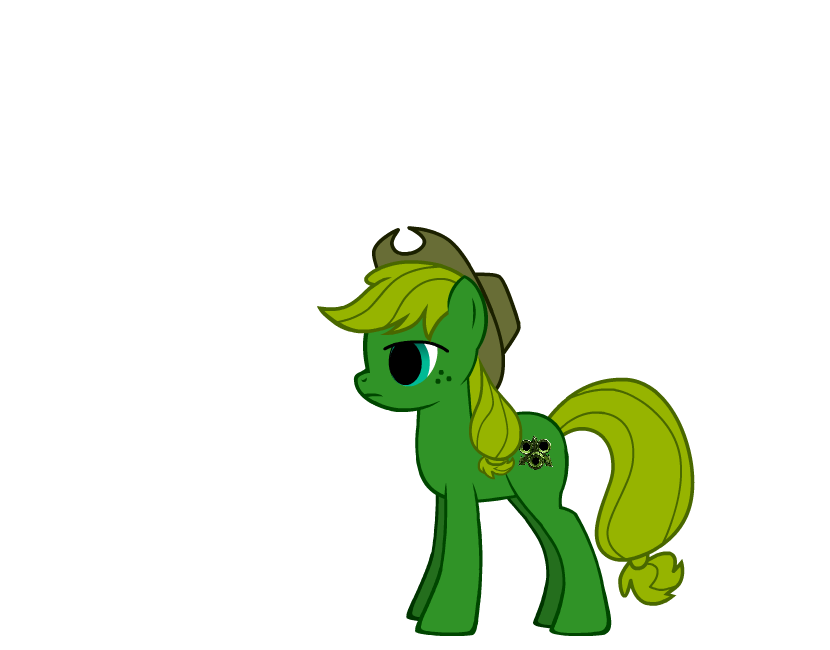 Green pony with yellow mane and tail, wearing a brown cowboy hat and floral cutie mark, standing in profile against black background.