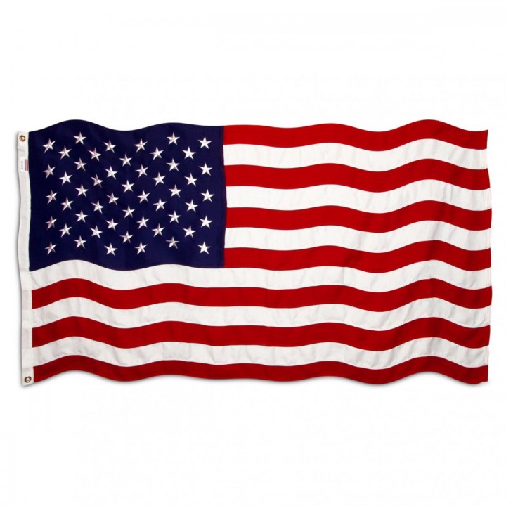Waving American flag with 50 white stars on blue canton and 13 red-and-white stripes, displayed against white background.