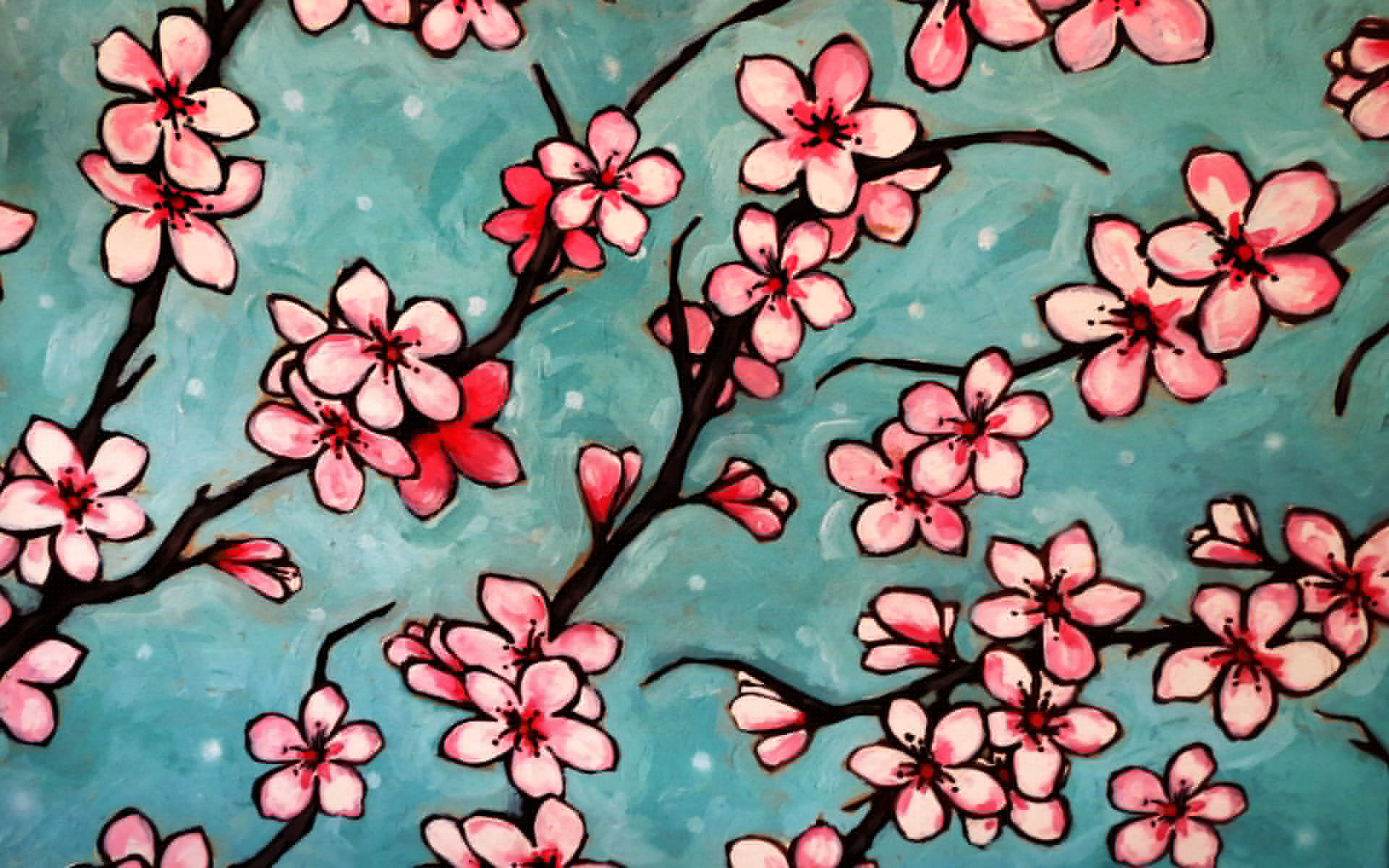Hand-painted cherry blossom branches with pink flowers and dark stems on a teal background.