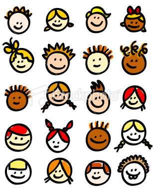 Diverse set of 16 cartoon children’s faces with varied hairstyles, skin tones, and expressions, arranged in a 4x4 grid.