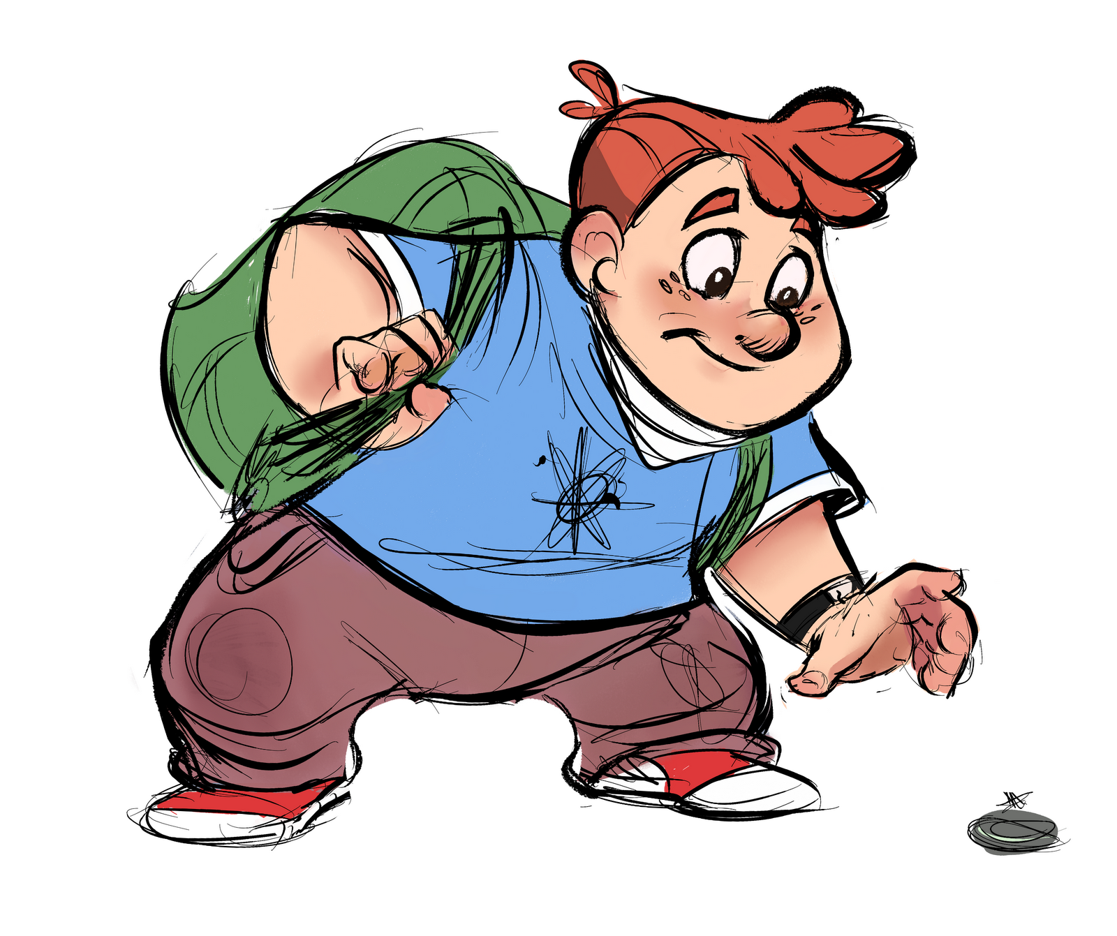 A cheerful cartoon boy with red hair and a green backpack crouches playfully, reaching for a small disc on the ground.
