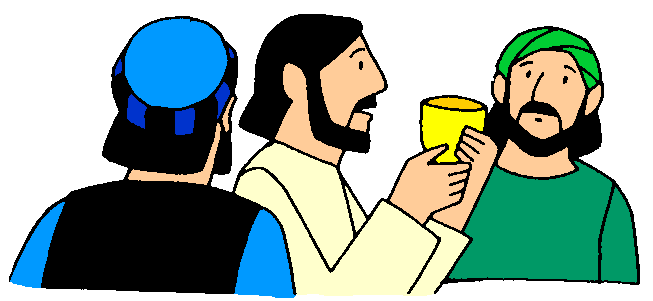 Jesus sharing a cup with two disciples during the Last Supper, depicted in simple colorful illustration style.
