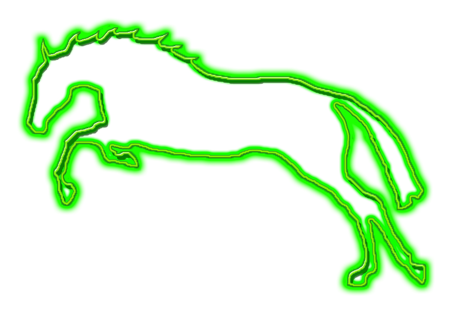 Neon green glowing outline of a leaping horse on white background
