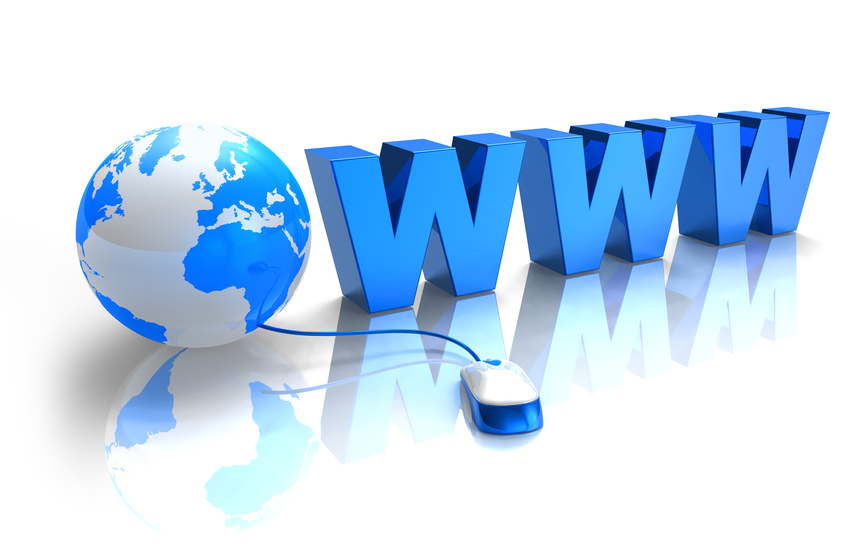 Blue 3D "WWW" letters beside a glossy Earth globe connected to a computer mouse on a reflective white surface.