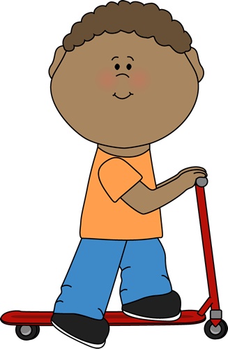A smiling cartoon boy with curly brown hair rides a red scooter, wearing an orange shirt and blue pants.