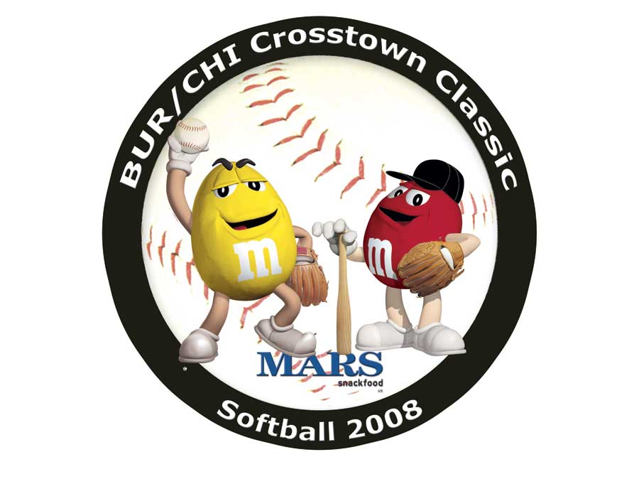 Yellow and red M&M’s characters playing softball in the 2008 BUR/CHI Crosstown Classic logo.