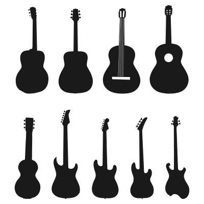 Guitar Silhouettes, Black and White Electric + Acoustic Guitars 