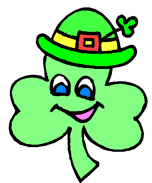 Smiling green shamrock character wearing a leprechaun hat with buckle and clover accent.
