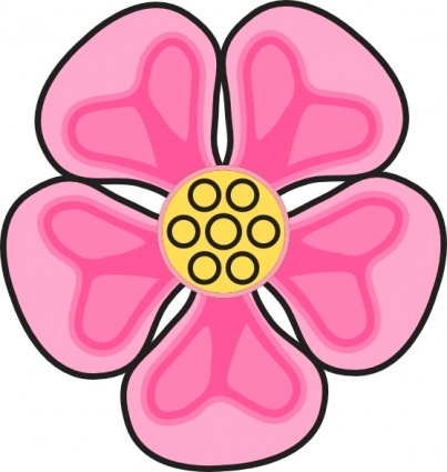 A stylized pink five-petal flower with a yellow center containing nine black circles, outlined in black on white background.