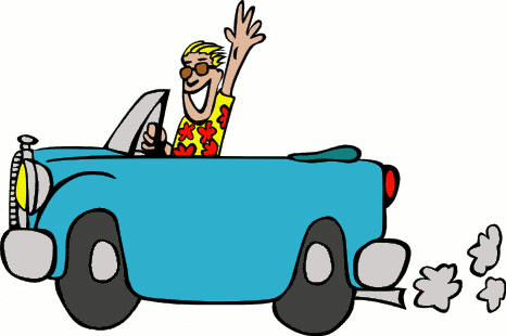 Happy cartoon man in sunglasses waving from a blue convertible car with exhaust smoke.