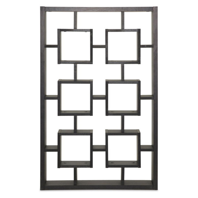 Modern black metal room divider with geometric square lattice design for contemporary interior decor.