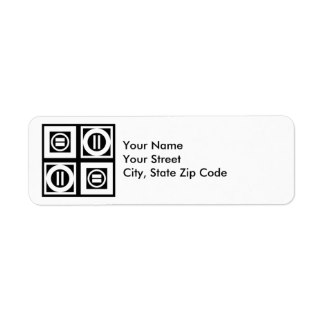 Minimalist address label template with four geometric icons and placeholder text for name, street, and city/zip.
