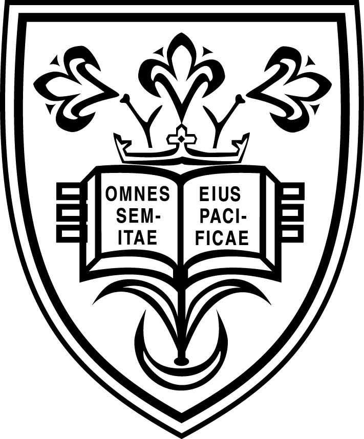 Black-and-white heraldic shield featuring an open book with Latin motto "Omnes Semitae Eius Pacificae", crowned floral elements, and ornamental flourishes.