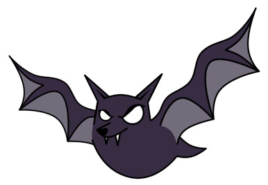 A stylized cartoon bat with sharp fangs, angry eyes, and outstretched wings in dark purple and gray tones.