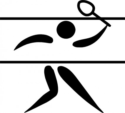 Stylized black-and-white pictogram of a badminton player lunging to hit a shuttlecock with a racket over the net.