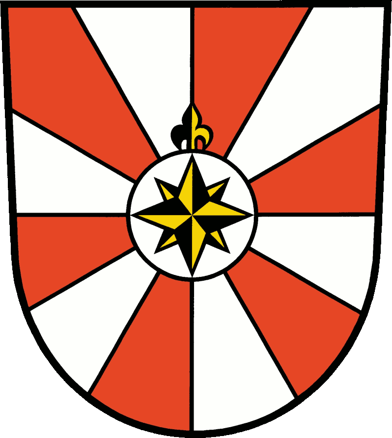 Heraldic shield with red and white alternating rays, central yellow-and-black compass star, topped by a fleur-de-lis.