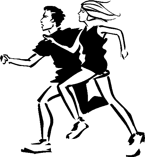 Black-and-white silhouette of a man and woman running side by side in athletic motion.
