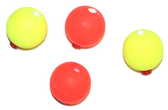 Four bright fishing floats-two yellow, two red-on a white background, used for angling visibility.
