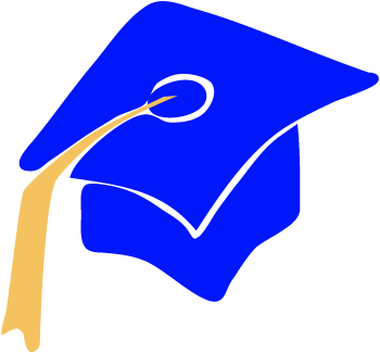 Blue graduation cap with gold tassel and white checkmark symbolizing academic success.