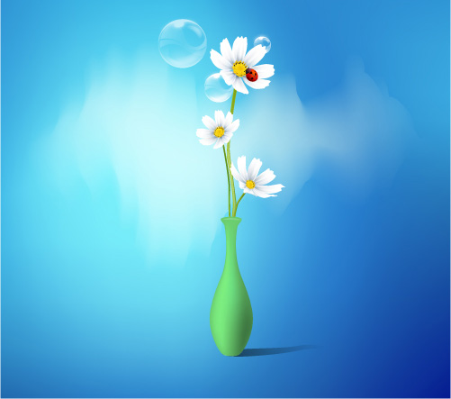 Green vase with white daisies, a ladybug, and floating soap bubbles against a soft blue gradient background.
