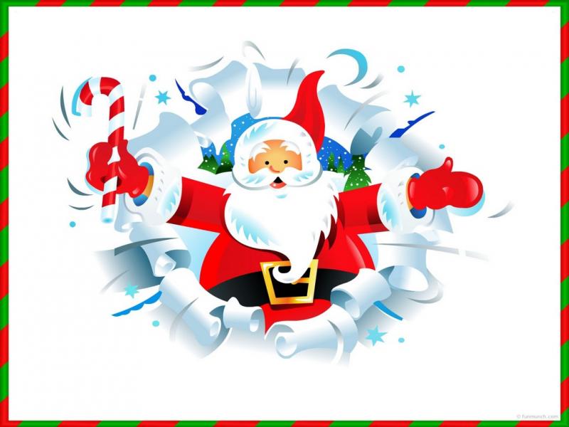 Jolly Santa Claus bursting through paper with candy cane, snowflakes, and festive background.