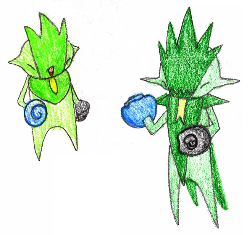 Two hand-drawn green plant-like creatures with spiky leaves, one holding a blue spiral shell and the other a gray snail shell.