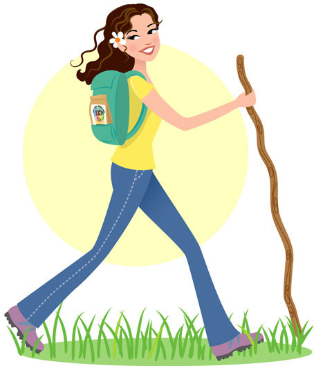 Hiking Adventure - Woman with Backpack and Walking Stick on Nature Trail