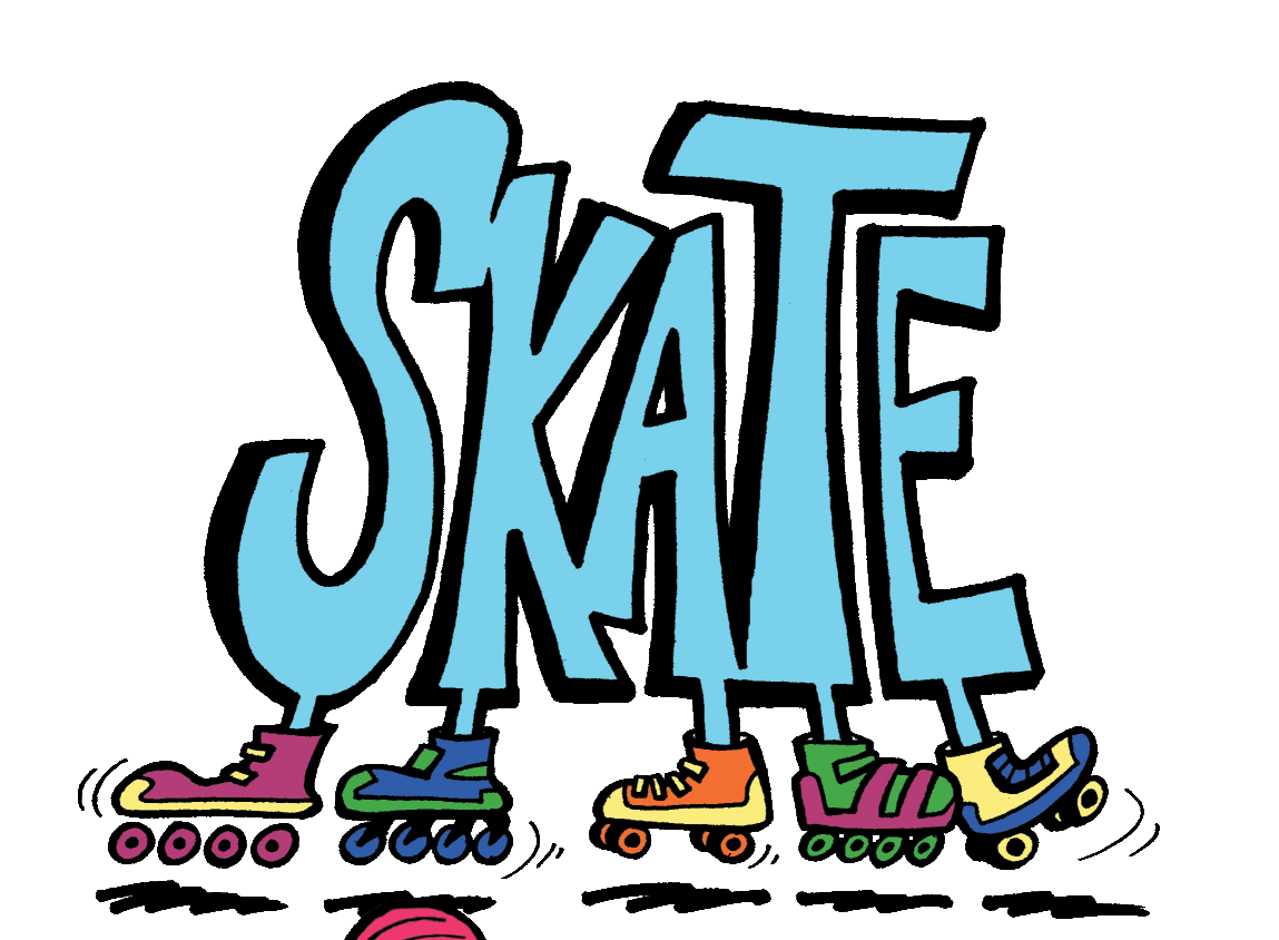 Bold blue "SKATE" text with colorful roller skates lined up beneath on black background.