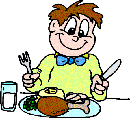Happy cartoon boy with brown hair eating a meal of roasted chicken, mashed potatoes, green beans, and drinking water.