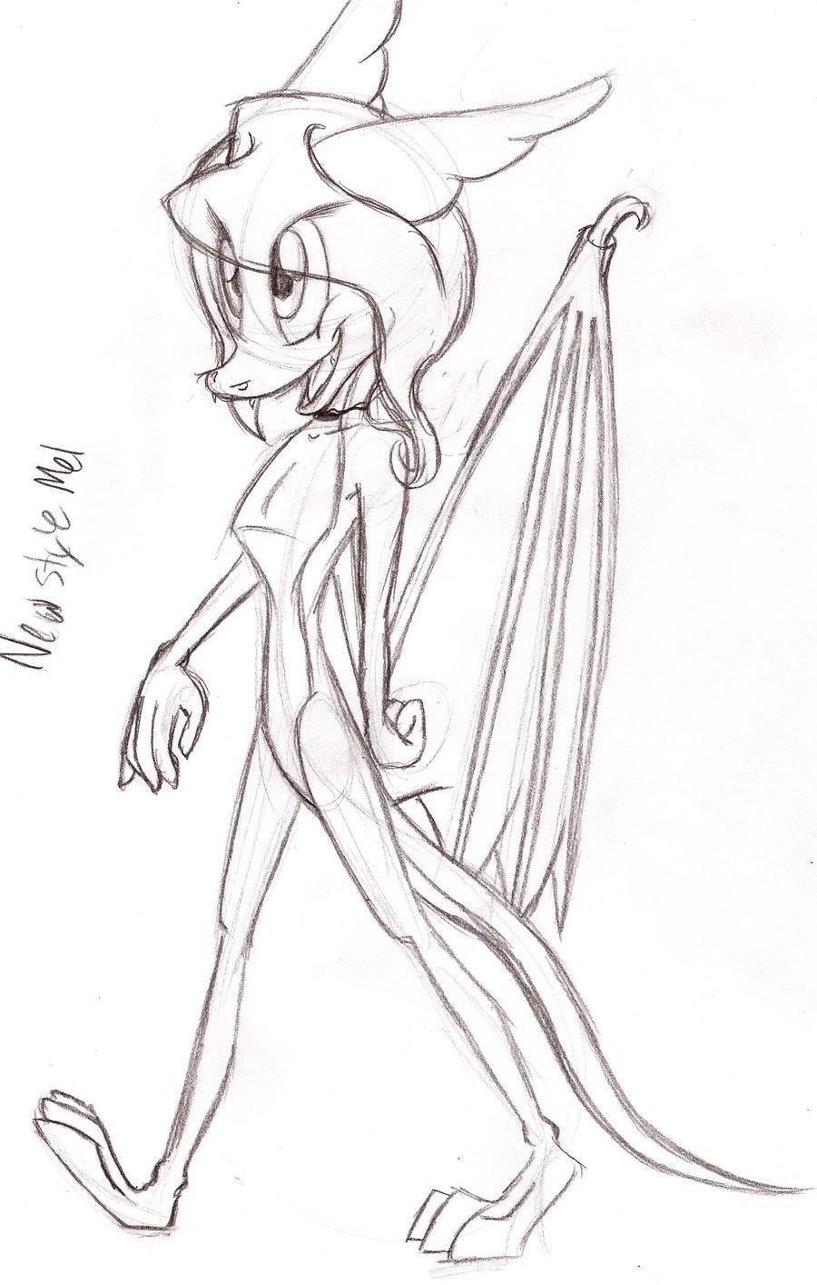 Pencil sketch of a stylized anthropomorphic bat character with large eyes, wings, and a confident stride, labeled "New Style Me!"