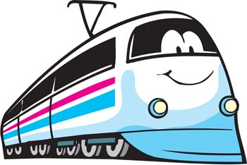 Cheerful cartoon high-speed train with smiling face, blue body, and pink-blue stripes.