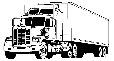 Black-and-white line drawing of a classic American semi-truck with sleeper cab and trailer, viewed from side angle.