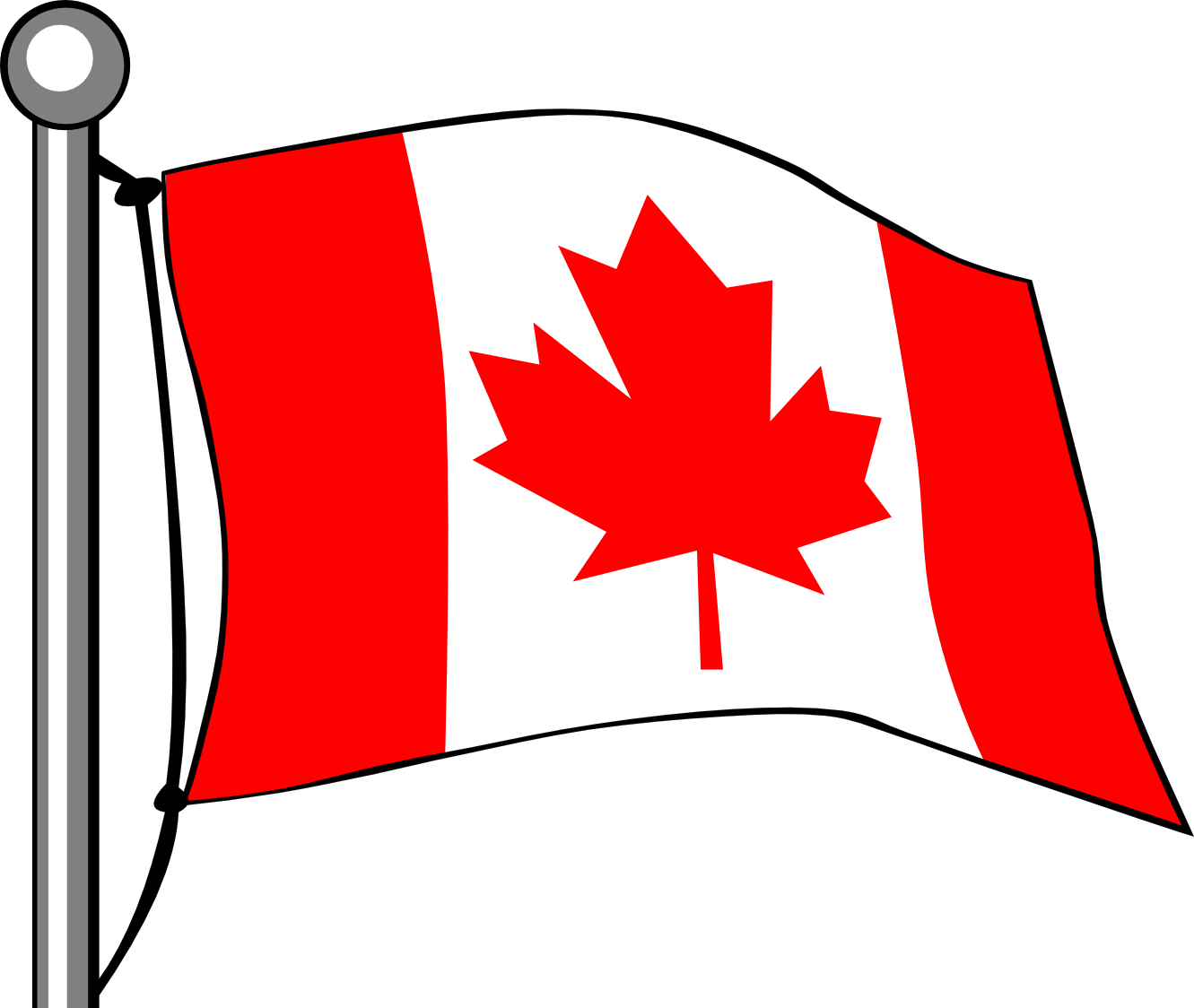 Canadian flag waving on a flagpole with red maple leaf centered on white background flanked by red vertical bars.
