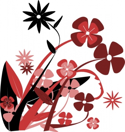 Abstract floral illustration with red, pink, and black stylized flowers and leaves on white background.