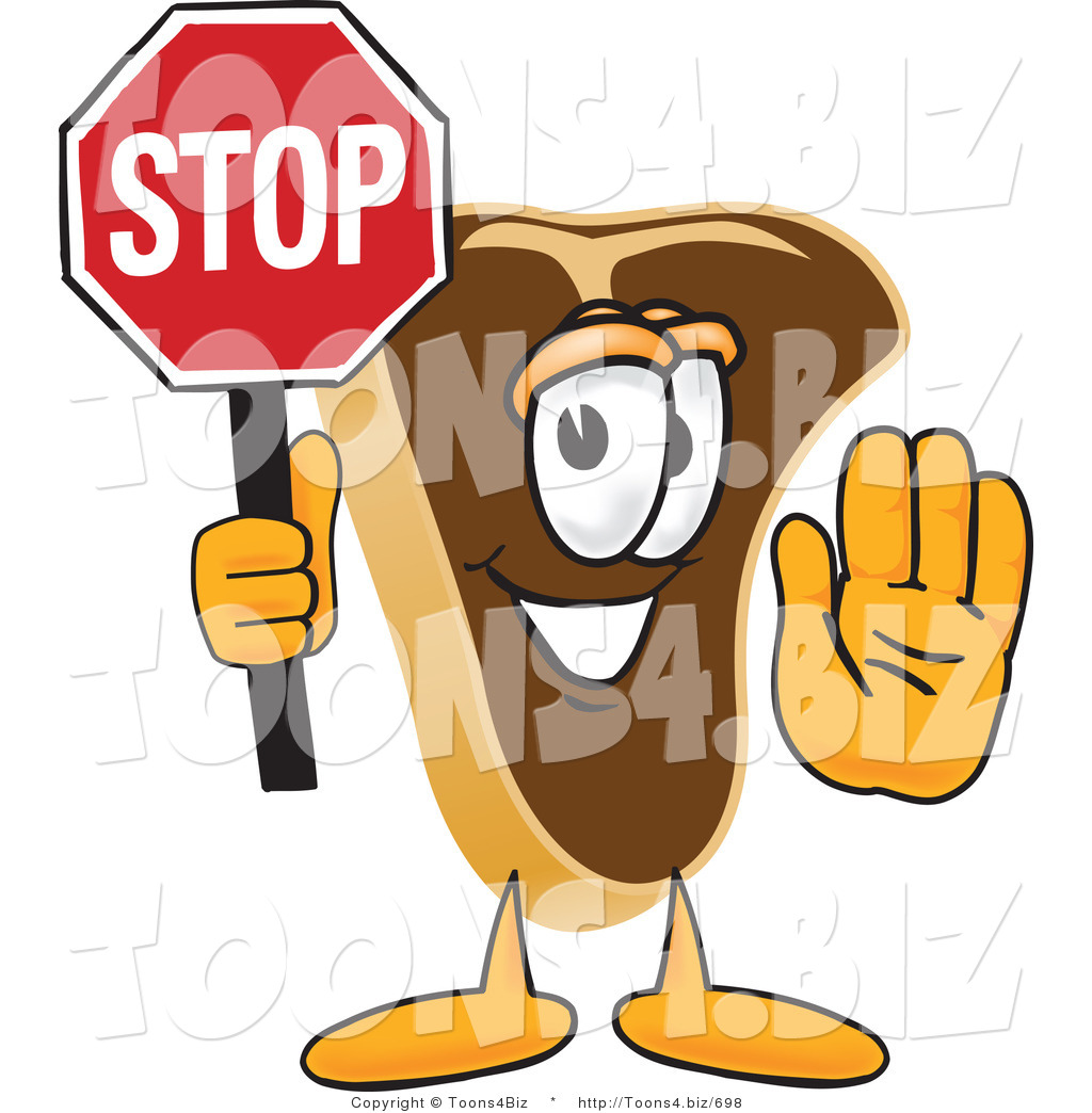 Cartoon peanut character holding a red STOP sign and waving with a friendly smile.