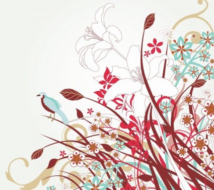 A stylized illustration of a blue bird perched on floral stems with lilies, red and teal blossoms, and swirling decorative elements.