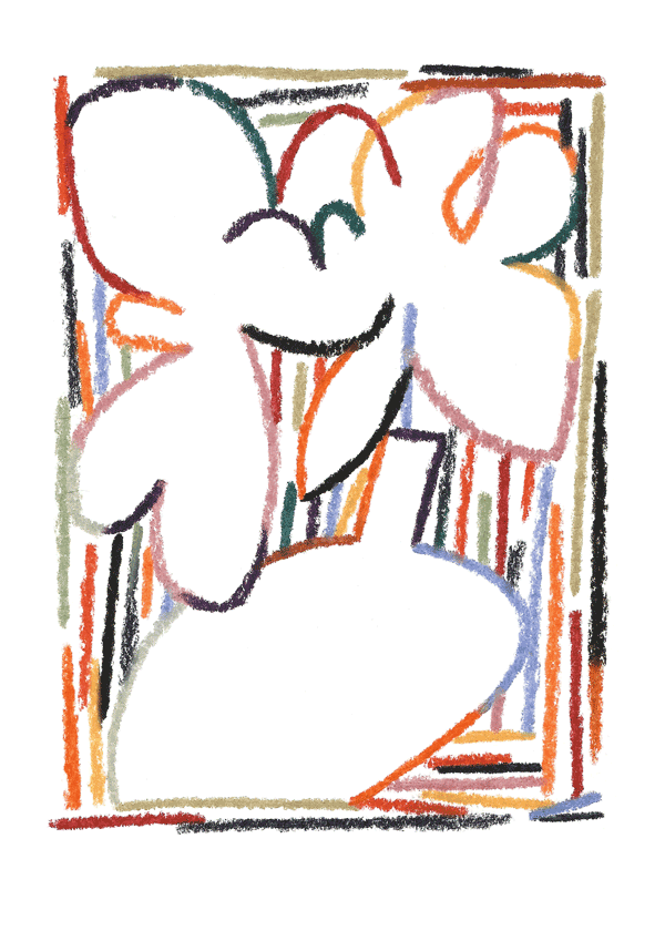 Abstract crayon-style illustration of a smiling figure with vibrant multicolored lines and expressive contours.