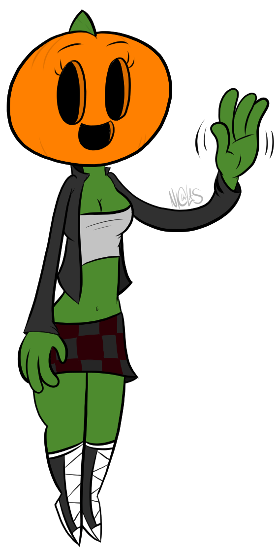 Cheerful green-skinned character with a pumpkin head waving hello, wearing a plaid skirt and black jacket.