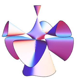 Abstract 3D geometric sculpture with gradient purple, blue, and pink surfaces forming a symmetrical star-like shape on white background.