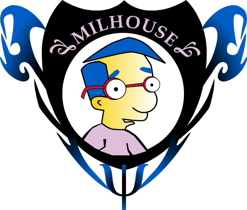 Milhouse Van Houten logo in a black shield with blue flame accents and purple "MILHOUSE" text.