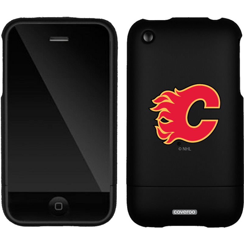 Black iPhone 3G with Calgary Flames logo case by Coveroo, front and back view.