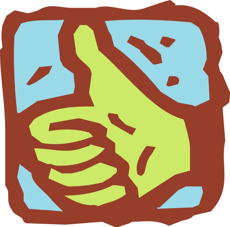 Stylized green thumbs-up hand emerging from cracked brown earth with blue sky fragments.