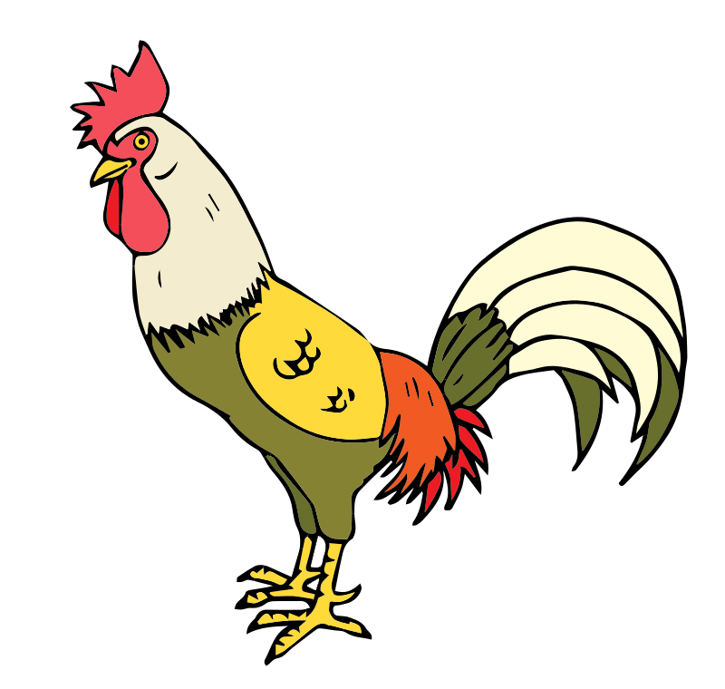 Colorful cartoon rooster with red comb, yellow beak, green body, and white tail feathers on black background.