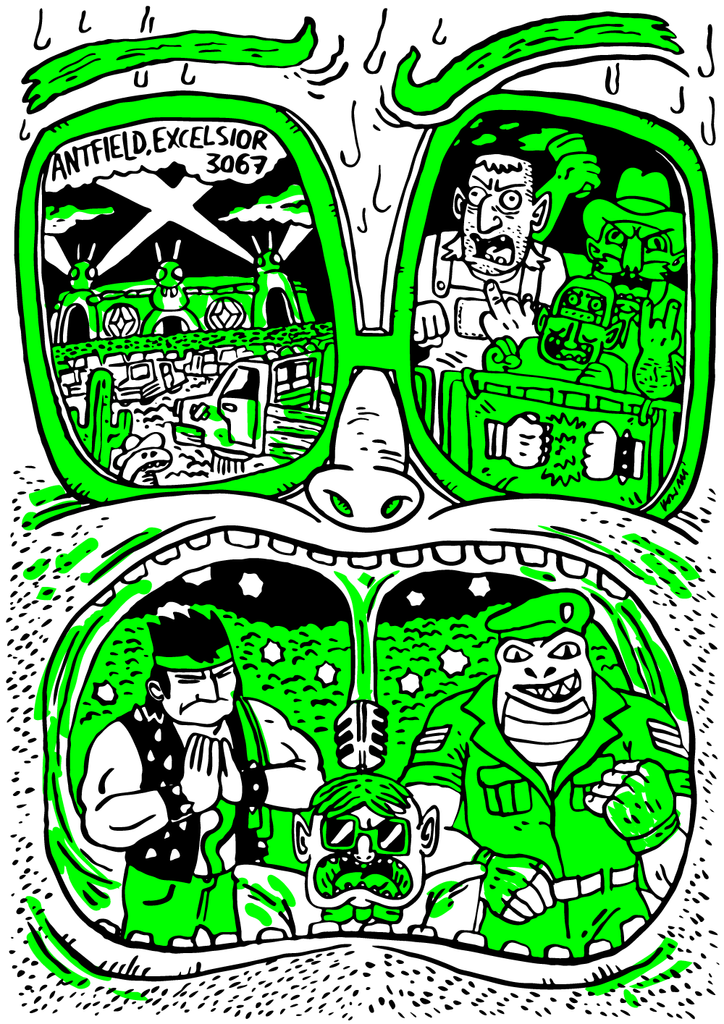 A surreal green-tinted comic-style illustration showing three scenes through oversized sunglasses and a mouth: alien desert, angry crowd, and performers on stage.
