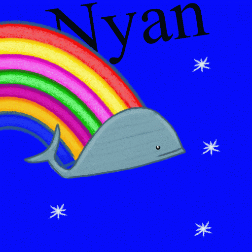 A gray whale swims beneath a vibrant rainbow against a deep blue sky with white stars; the name "Nyan" floats above.