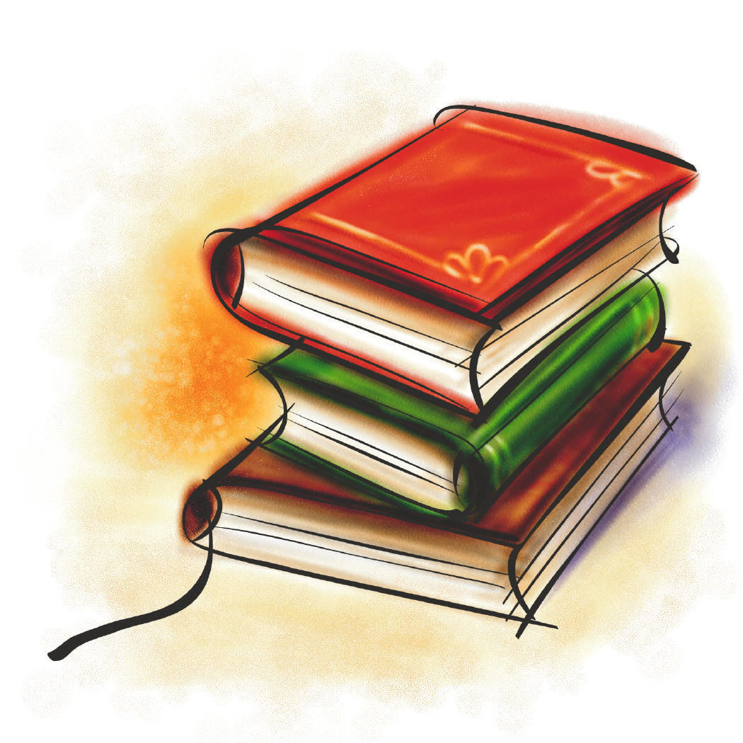 Stack of three colorful hardcover books with warm glow background, illustrated in sketchy watercolor style.