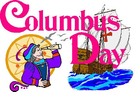 Columbus Day illustration featuring explorer with telescope, sailing ship, and decorative sun motif.