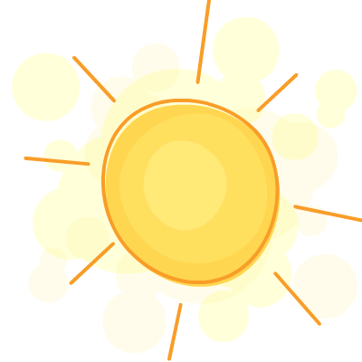 Bright yellow cartoon sun with orange rays and soft glowing background circles.