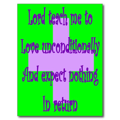 Purple cross on bright green background with inspirational Christian quote about unconditional love.